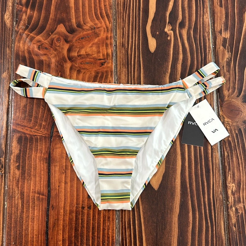 RVCA White Bikini Bottom with Green, Orange and Blue Stripes